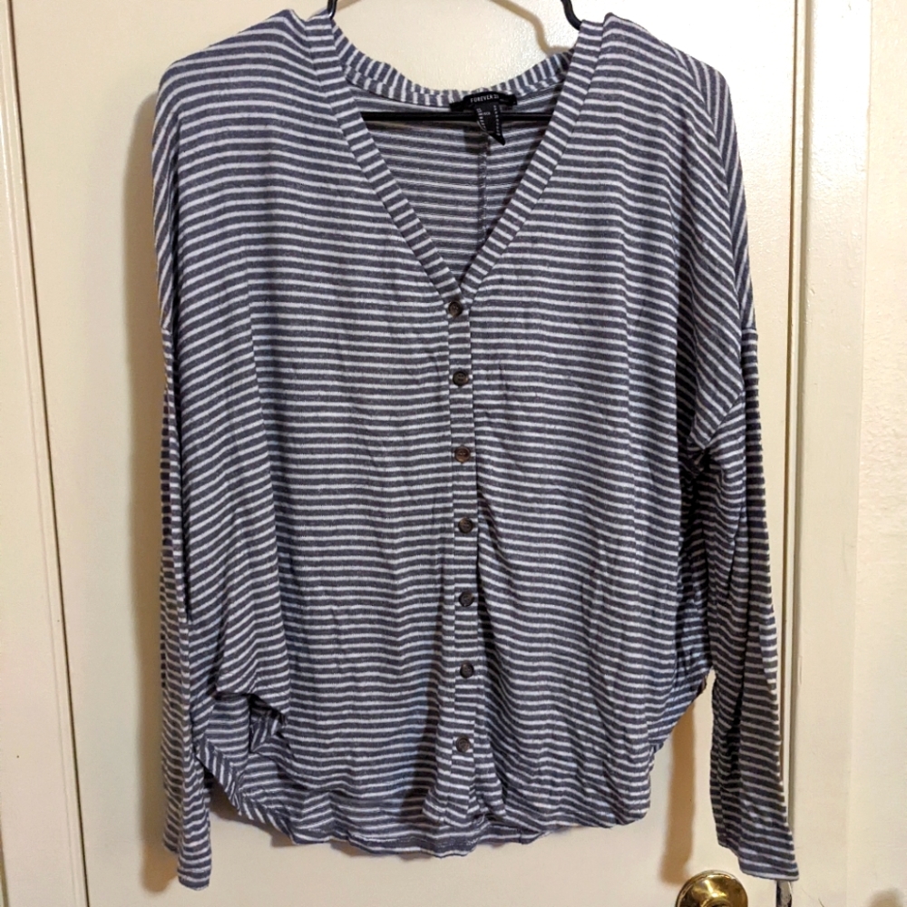 Forever 21 gray and white striped cardigan with wooden buttons
